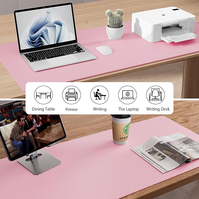 Aothia Faux Leather Desk Mat - Non-Slip PU Leather Desk Blotter, Waterproof Writing Surface, Large Desk Pad for Office & Home (Fairy Pink, 55" x 17")