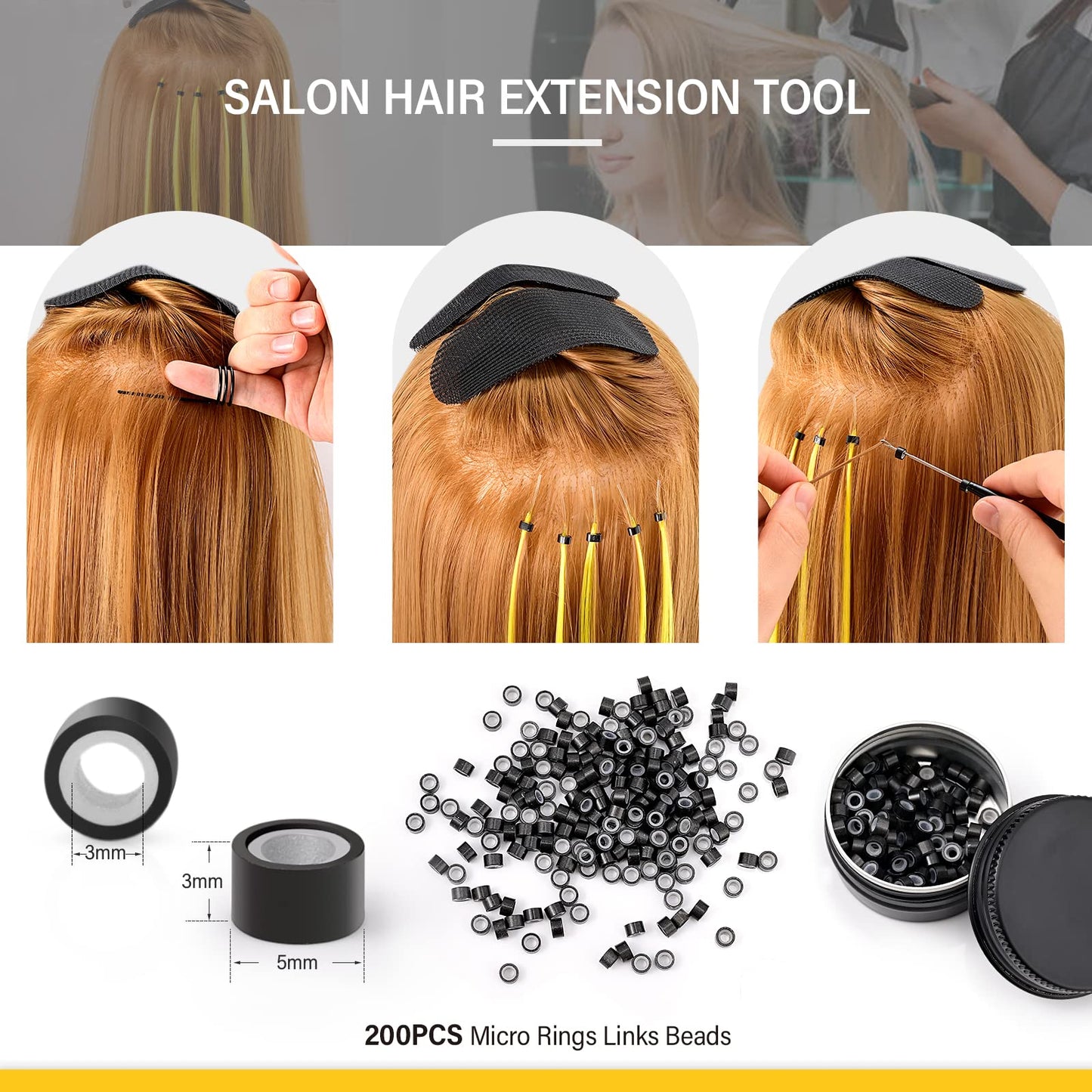 Gomake Microlinks Hair Extensions Kit, Hair Extension Closer and Removal Pliers, Micro Beads Pulling Hook & Microbead Loop Tool, Micro Links Silicone Rings Bead 200PCS(Black)