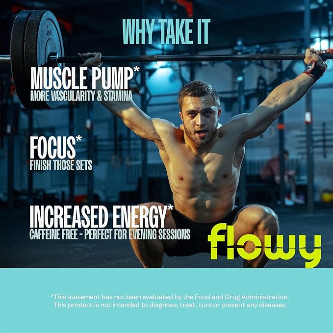 flowy Stim Free Pre Workout ??Nitric Oxide Booster for Men & Women | All Natural, Hydration, Non Stimulant Pump, Caffeine-Free, Electrolytes, L-Citrulline, Lemon Lime, 30 Servings