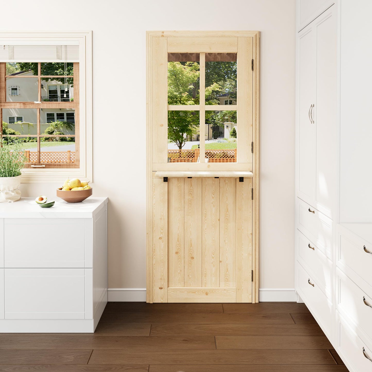 Floating Wood Shelves Dutch Door, 1.75" Pine with 4-Lite Glass Split Half Door for Exterior Front Entry, Patio Doorway & Interior Pantry/Back w/ 32" x 80" Doors Slab+1 Shelf+4 Hinges+1 Latch