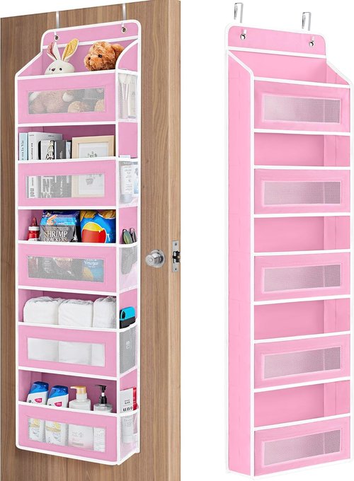 JARLINK Over The Door Organizer - 5 Shelf Hanging Storage with Large Capacity Pockets | Pink