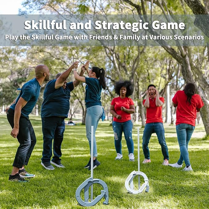 Horseshoes Outside Game Set - Universal Size Lawn Horseshoes Outdoor Games for Parties Beach Backyard, Includes 4 Horseshoes, 2 Steel Stakes and Durable Carrying Bag