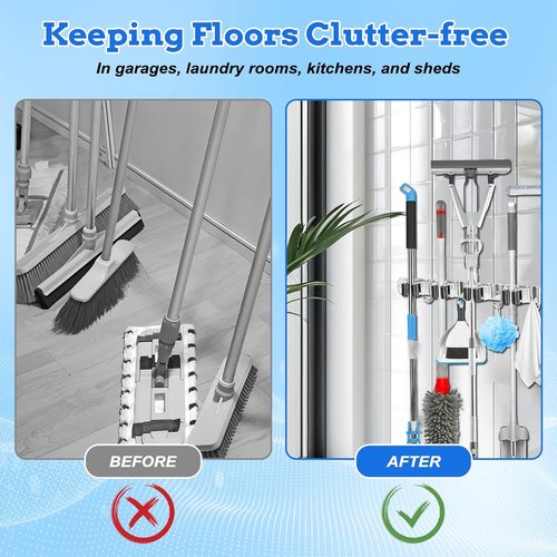 Heavy Duty Wall Mount Broom Holder by [Brand Name] - Stainless Steel Organizer with 5 Racks & 4 Hooks | Self-Adhesive or Screw Mount for Garage, Laundry, Kitchen - Silver