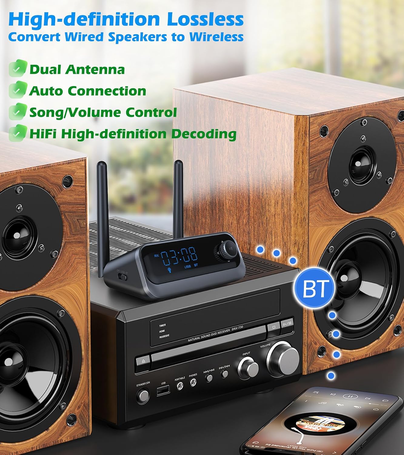 KAIY 3.5mm Bluetooth Receiver for Home Stereo, Low Latency Optical & Coaxial Bluetooth Audio Adapter with AUX, Wireless