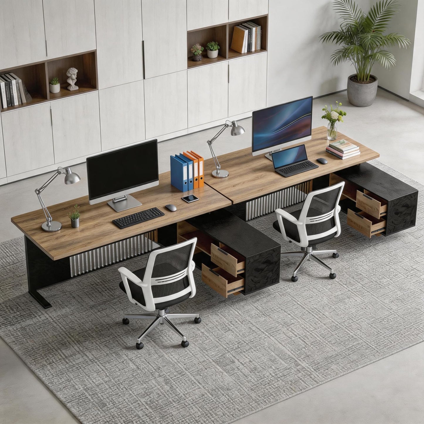 SAINTCY L-Shaped Executive Desk, Industrial Office Desk with Drawer & Cabinet, Large Wood Desktop, Unique Stainless Steel Privacy Screen (Right Return, 70.86")
