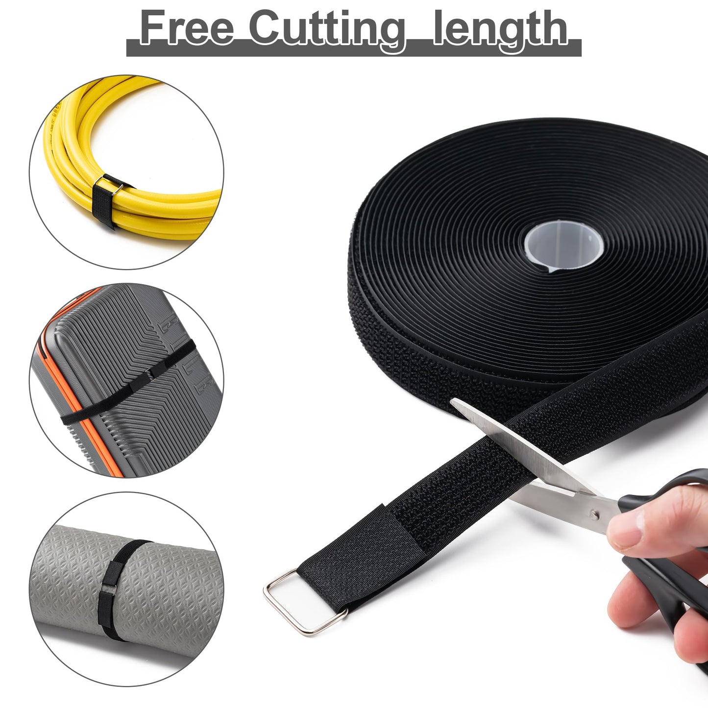 1" x16Ft Hook and Loop Straps with 25 Metal Buckles, Adjustable Fastening Cable Straps, Free Cut Length, Reusable Nylon Cable Ties for Organizer or Storage, Black
