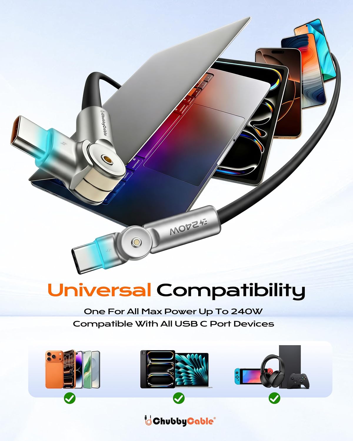 240W 180 6.6ft chubbycable Chubby RotateX Dual Rotating Fast Charging Cable with LED Light Soft Silicone USB C Cable