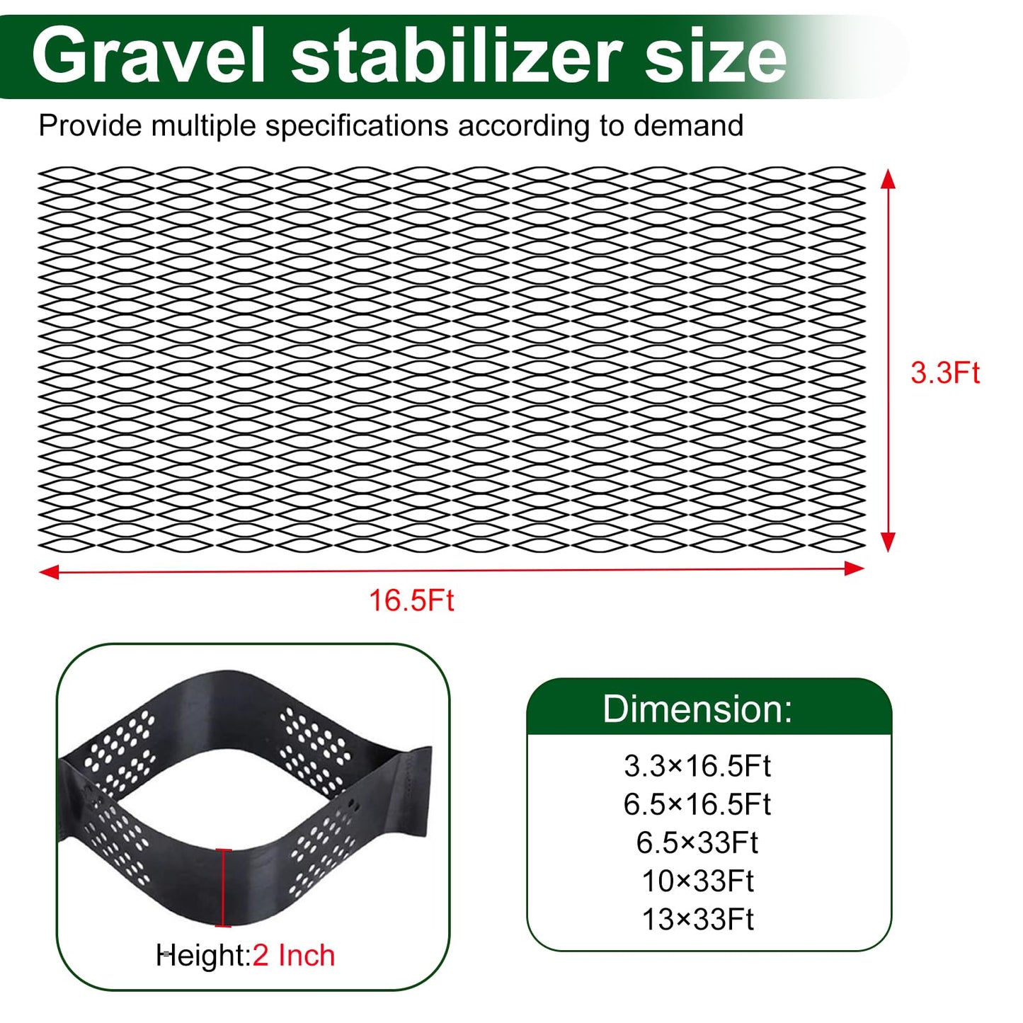 2 Inch Depth Gravel Ground Base Grid Stabilizer Mud Slope Control Driveway HDPE Material Expandable Folding Permeable Paver Honeycomb Grid for Paths,Sidewalks,ParkingLots,Gardens,Yards (6.5 X 33 FT)