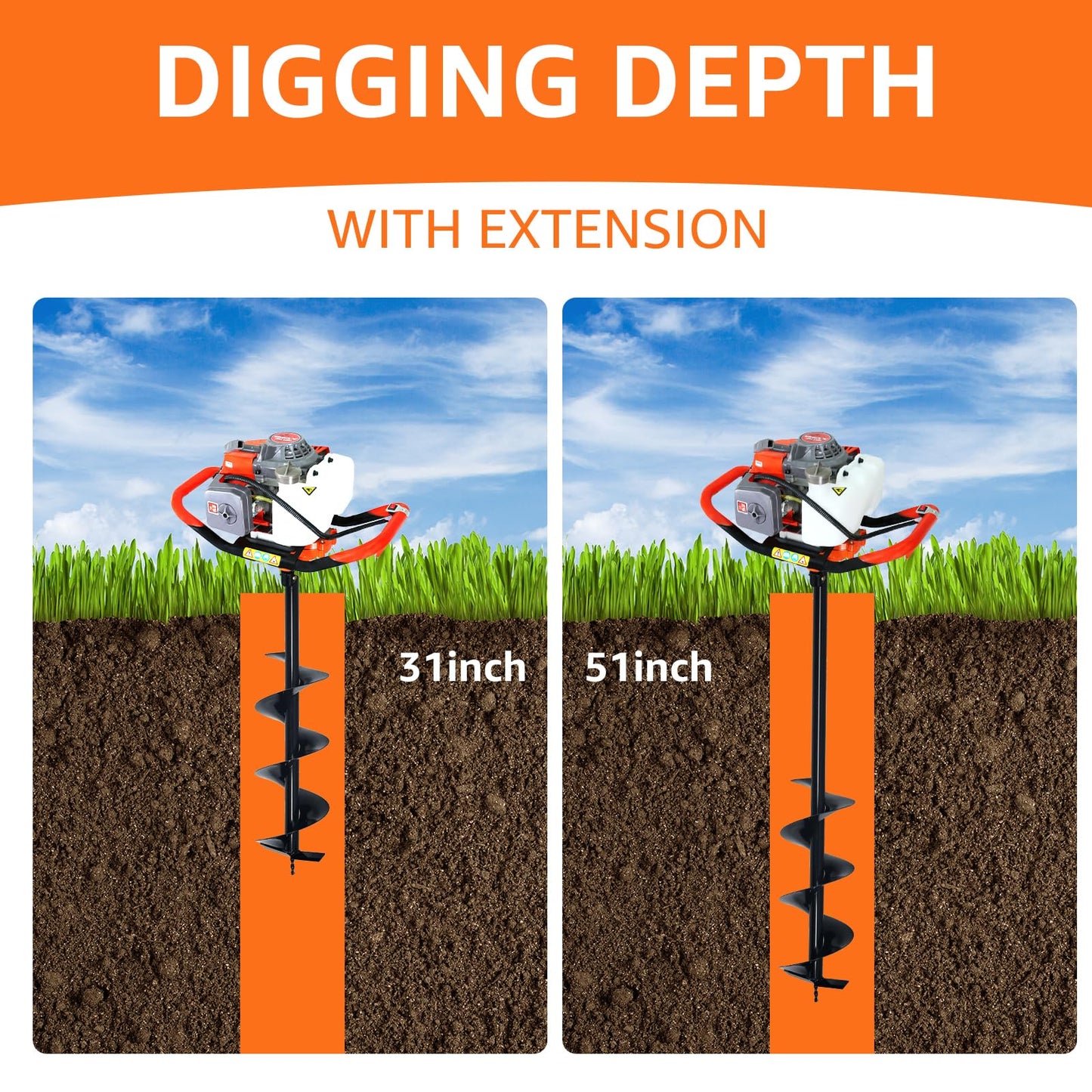 XJADQW 85CC 2-Stroke Gas Powered Post Hole Digger with 4" & 6" & 8" Auger Bits + 12" & 20" Extension Rod, Heavy Duty Earth Auger for Farm, Garden, Landscaping, Construction