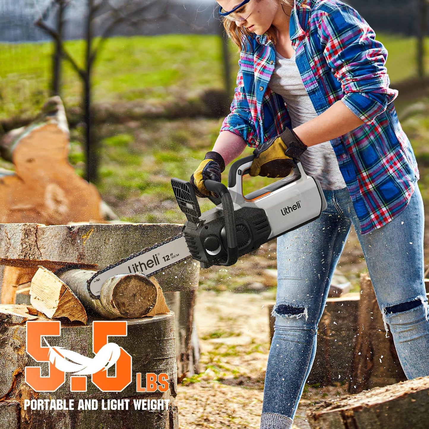 Litheli 12" Brushless Chainsaw 40V 2 x 2.5Ah Battery Chain Saw, Cordless Handheld Battery Powered Chainsaw Electric Auto-Lubrication for Wood Cutting Trimming
