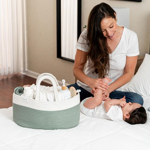 Comfy Cubs Diaper Caddy Organizer - Stylish Cotton Baby Basket with 3 Spacious Compartments | 8.5" x 15" x 8" - Sage