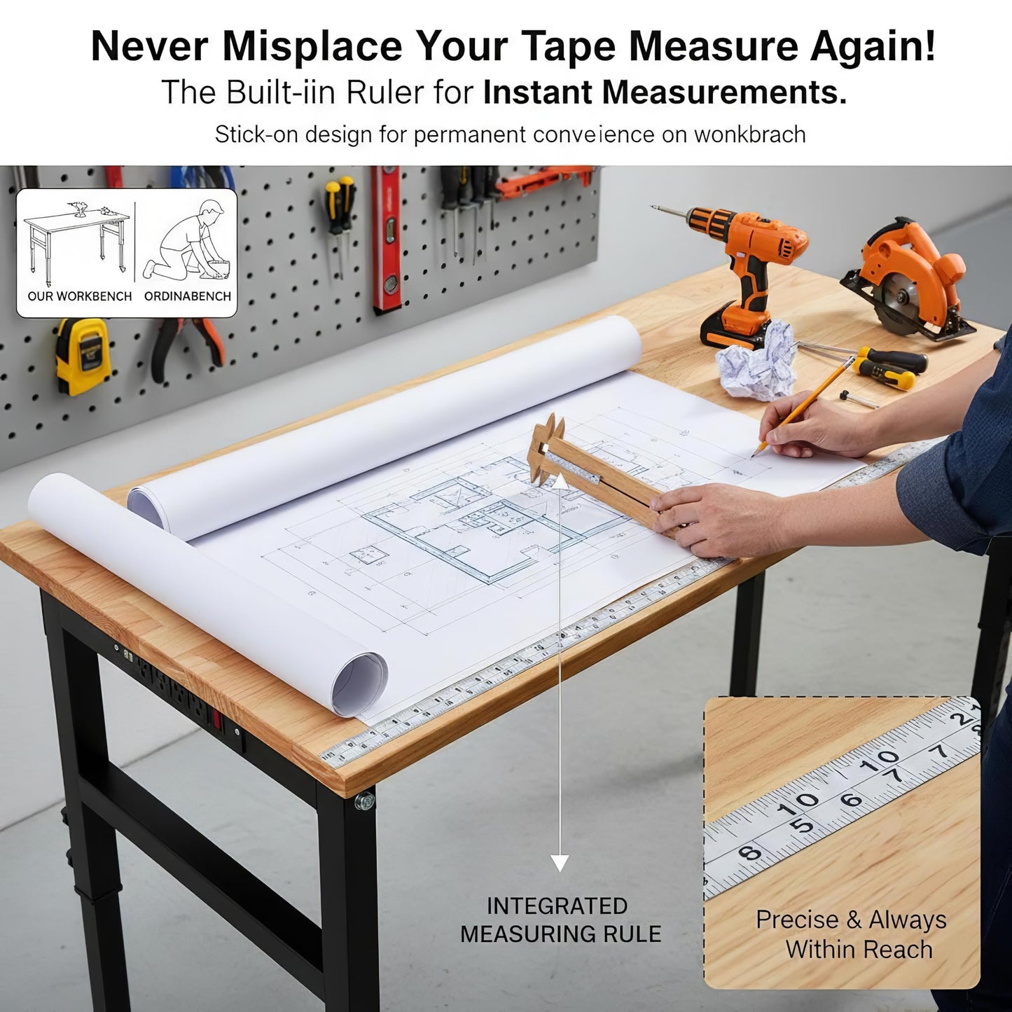 48" Adjustable Workbench, 8-Level Height Adjustable Rolling Work Table with Casters & Scale, Sit & Stand 2-in-1 Garage Tool Table with Pegboard & Hooks, for Workshop, Warehouse, DIY Projects