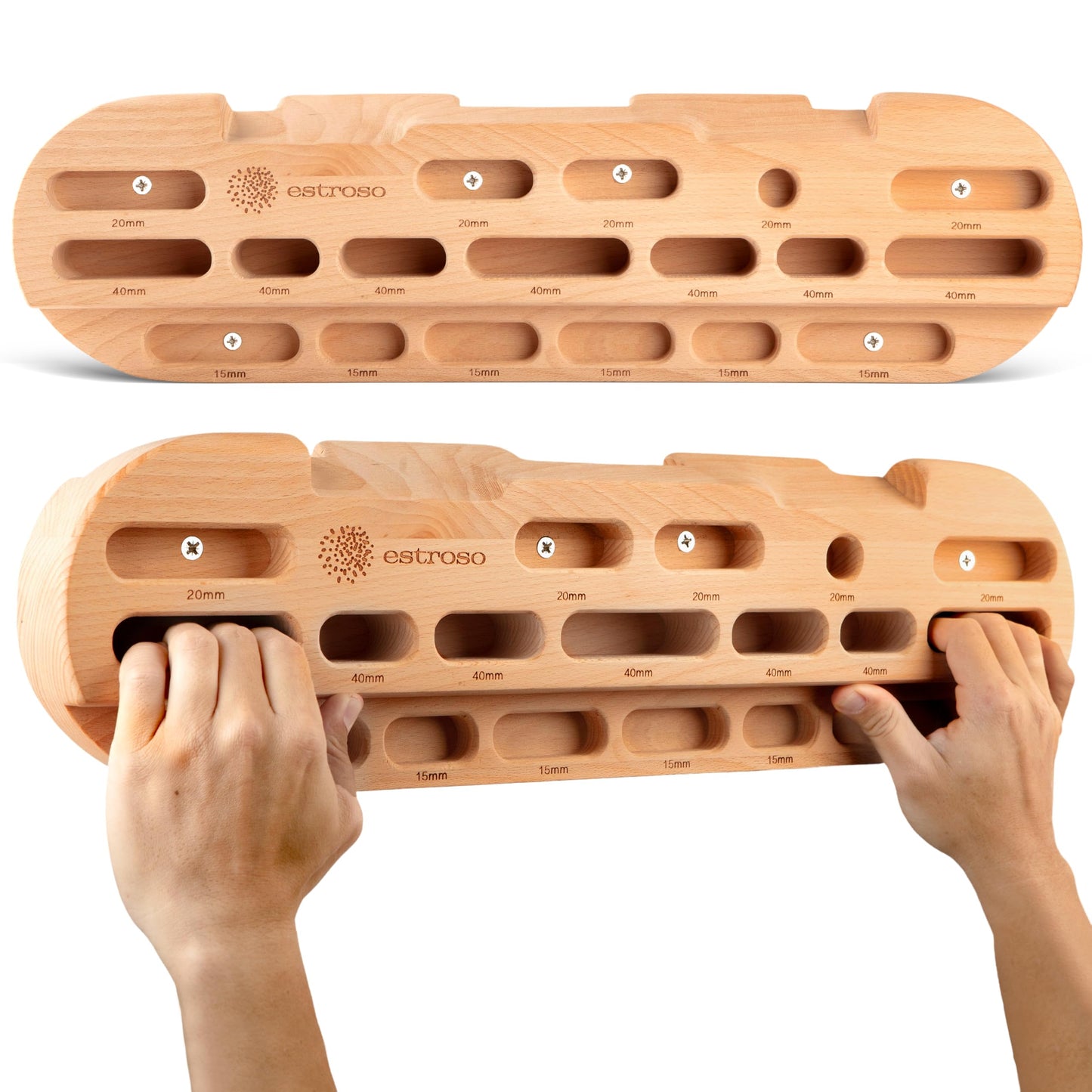 ESTROSO Wooden Hangboard - Training Hang Board with Adjustable Grip Depths, Grip Strengthener, Forearm Exerciser, Pull Ups - Climbing Fingerboard with Installation Kit
