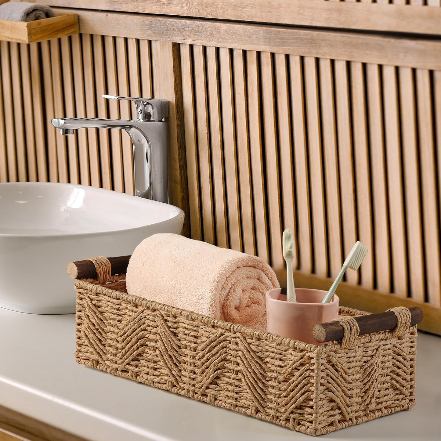 Skiennix Bathroom Baskets - Decorative Storage with Handle for Countertop & Toilet Paper | Cream Set