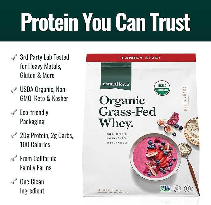 Natural Force Grass Fed Organic Whey Protein Powder ??Non GMO Verified, Humane Certified & Lab Tested for Toxins ??Pure & Unflavored ??Keto Friendly, Low Carb, and Kosher ??5 Pound A2 Protein