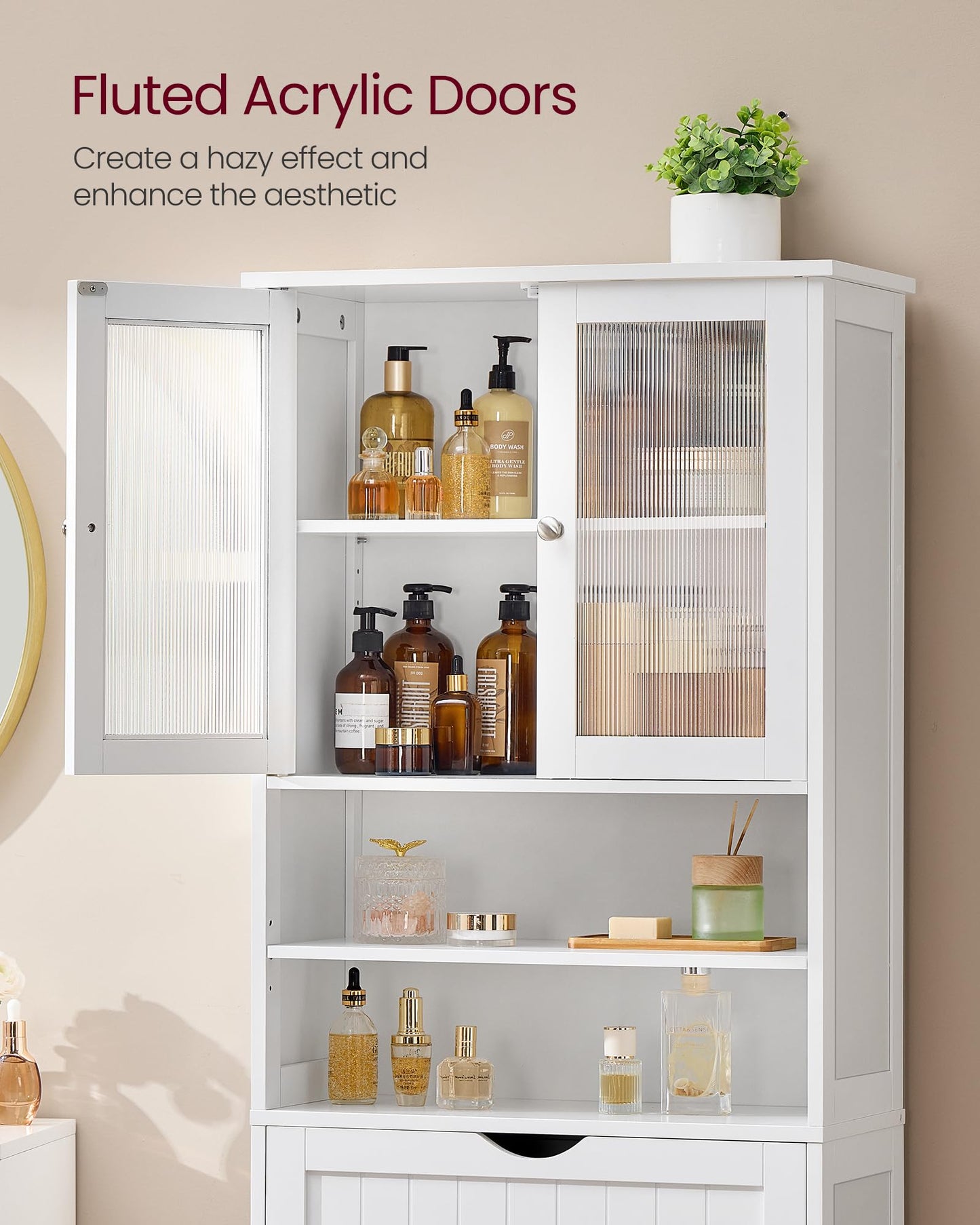 VASAGLE Storage Cabinet, Freestanding Storage Unit with Adjustable Shelves, Drawer, Open Compartments, for Bathroom, Living Room, Kitchen, Cloud White UBBC768WH01S