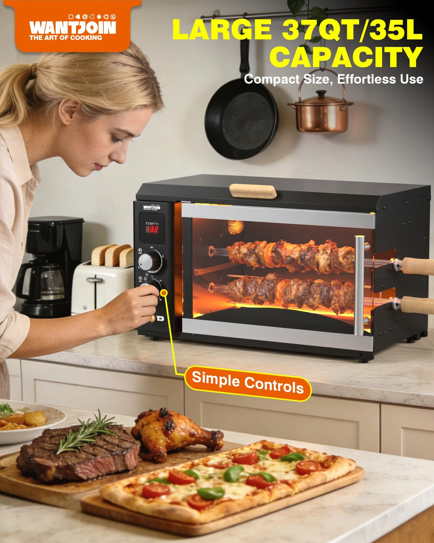WantJoin Electric Rotisserie Oven - 37QT 3-in-1 Rotisserie Grill Oven, Dual Skewers, Grilling Rack, 360°Auto-Rotate Heating, Rotisserie Cooker Machine for Home Kitchen & Party Use,1800W