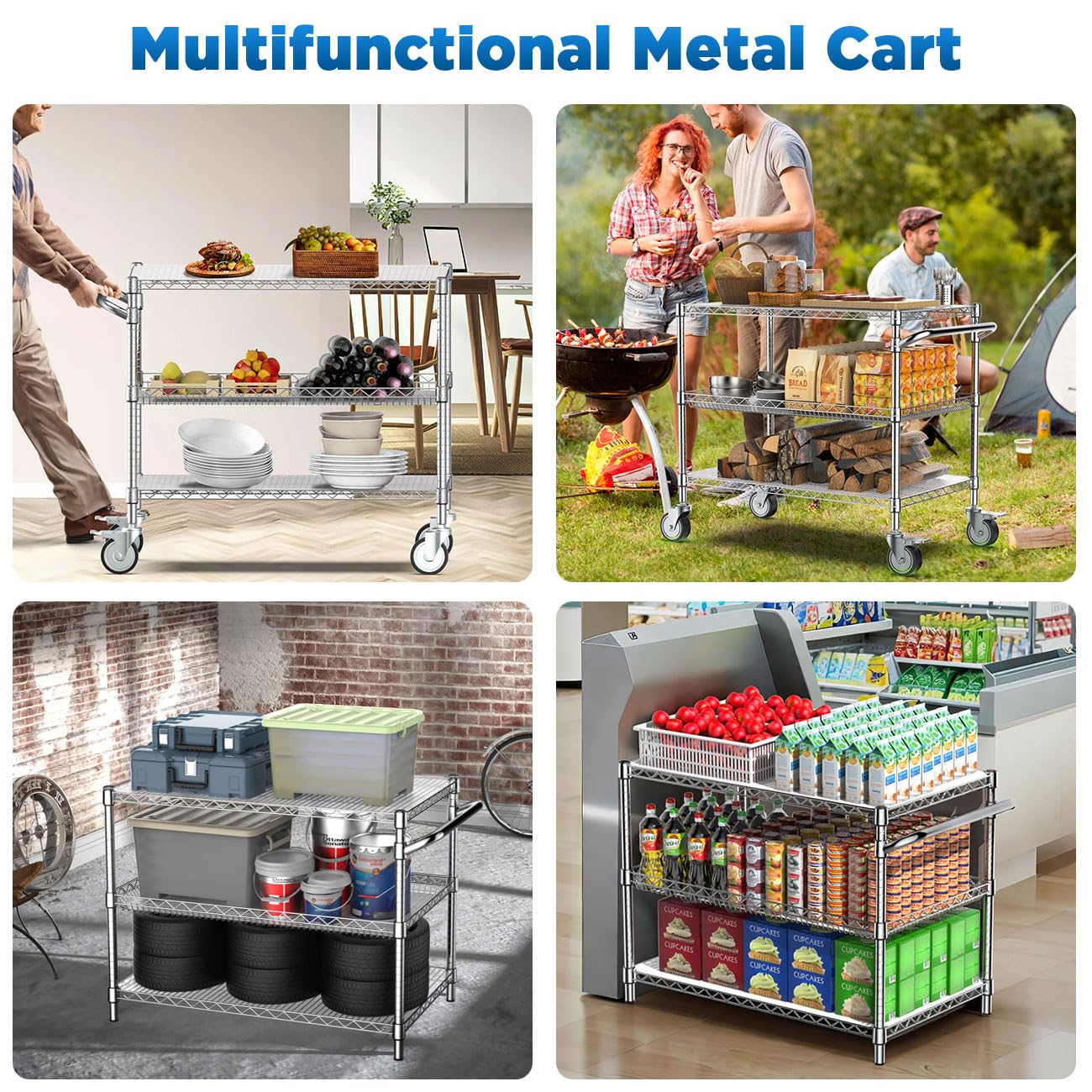 Leteuke Heavy Duty Rolling Utility Cart, 45 Inch Kitchen Carts with Wheels, NSF Commercial Grade with Handle & Shelf Liners, 1120LBS Storage Cart for Kitchen,Restaurant,Plant Display-Chrome