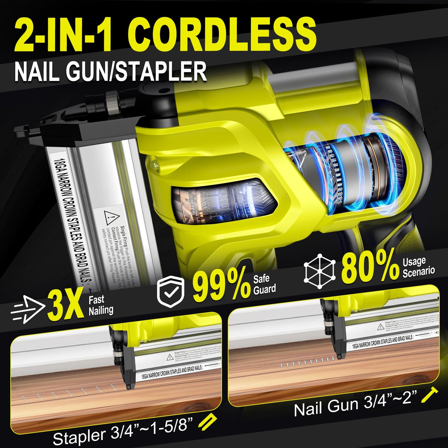 SILVEL 2" Cordless Brad Nailer, 2-in-1 21V Electric Brad Nailer Stapler with 2 * 4.0Ah Battery, 1000pcs Nails, 18GA Staples, Adjustable Depth for Woodworking, Home Improvement