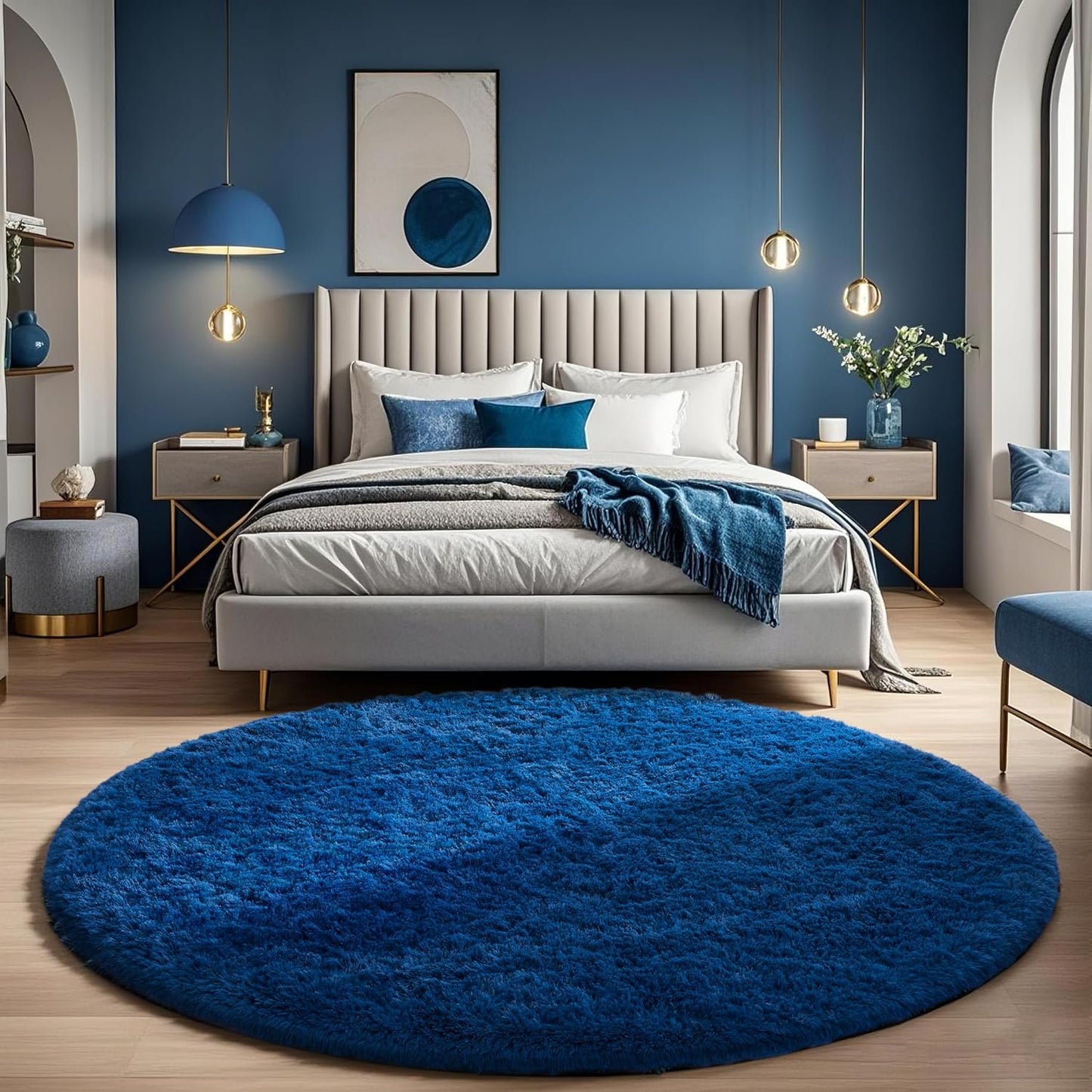 Ophanie Round Rug - 6Ft Blue Circle Area Rug | Plush Soft Shaggy Carpet for Kids' Rooms