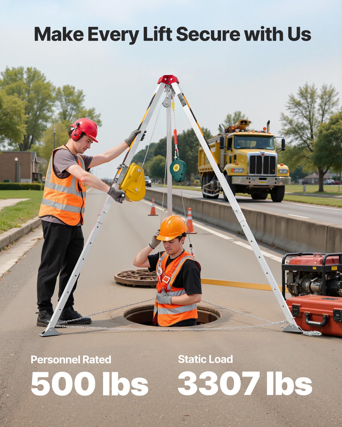 VEVOR Confined Space Tripod Kit, Heavy Duty Rescue Tripod Lifting Hoist 2600 lbs Winch, 4.76 ft Adjustable Legs, 98.5 ft Cable Portable Kit, 32.8 ft Fall Protection, 5.25-8.04 ft Working Height