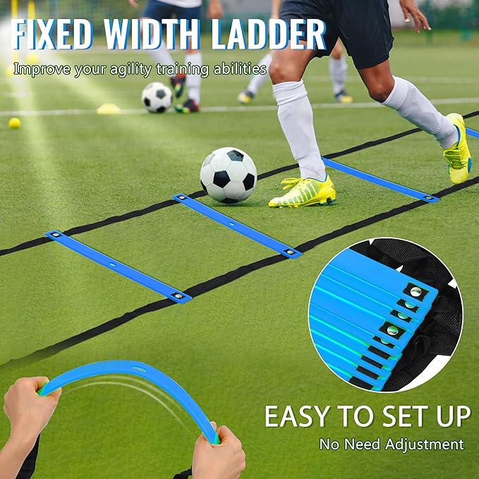 Fixed Rung Agility Ladder - 20ft 12 Rungs No Tangle Speed and Agility Training Equipment for Soccer Footwork Training with Carrying Bag/Ground Stakes for Adults Youth Kids