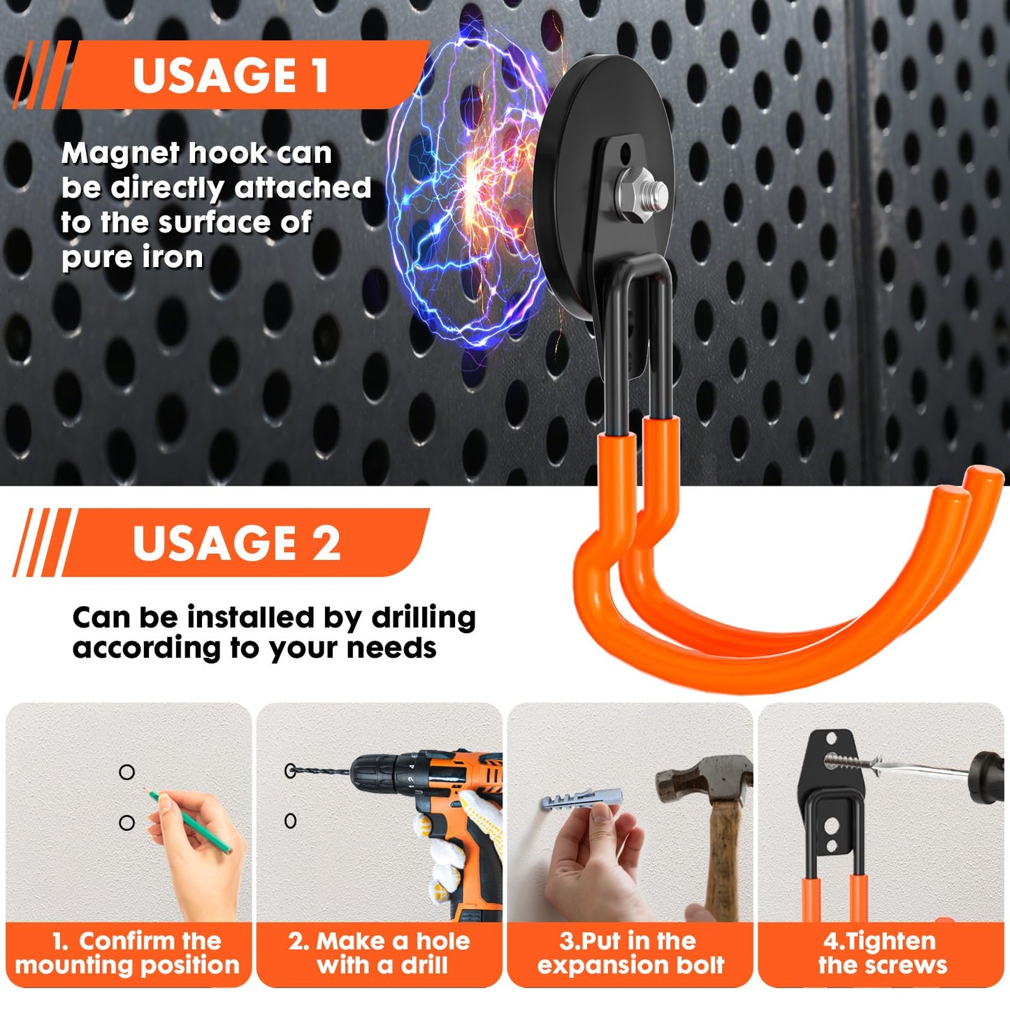 Lvoess Heavy Duty Storage Magnetic Utility Hooks Large Garage Magnet Hooks with Anti-Slip Coating for Metal Cabinet,Pegboard,Garage Shelve,Garden Tools (Orange4pro)