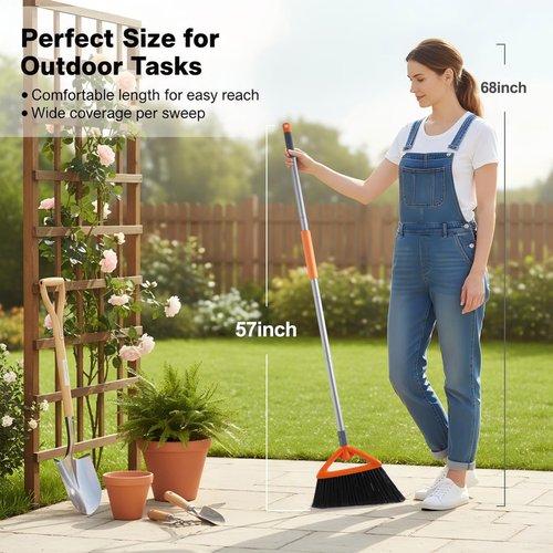 CLEANHOME Outdoor Brooms for Sweeping Patio, Commercial Grade Heavy Duty Broom with Stiff Bristle for Sweeping Garage,Deck,Kitchen,Straw, Outside Broom for Cleaning Pet Hair,Weeds,Leaves,Grey