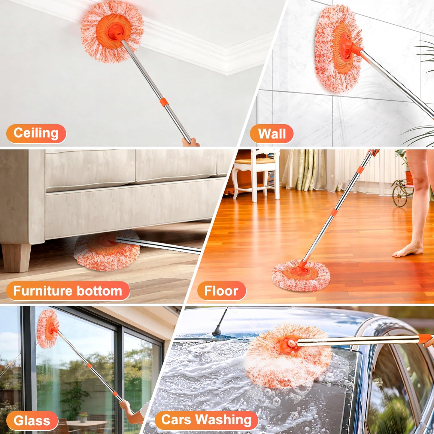 61 in Adjustable Cleaning Mop, Dolodomy 360° Rotatable Mops for Floor Cleaning with 4 Reusable Heads, 2 Fabrics Wall Mop for Floor Door Window Ceiling and Bathroom
