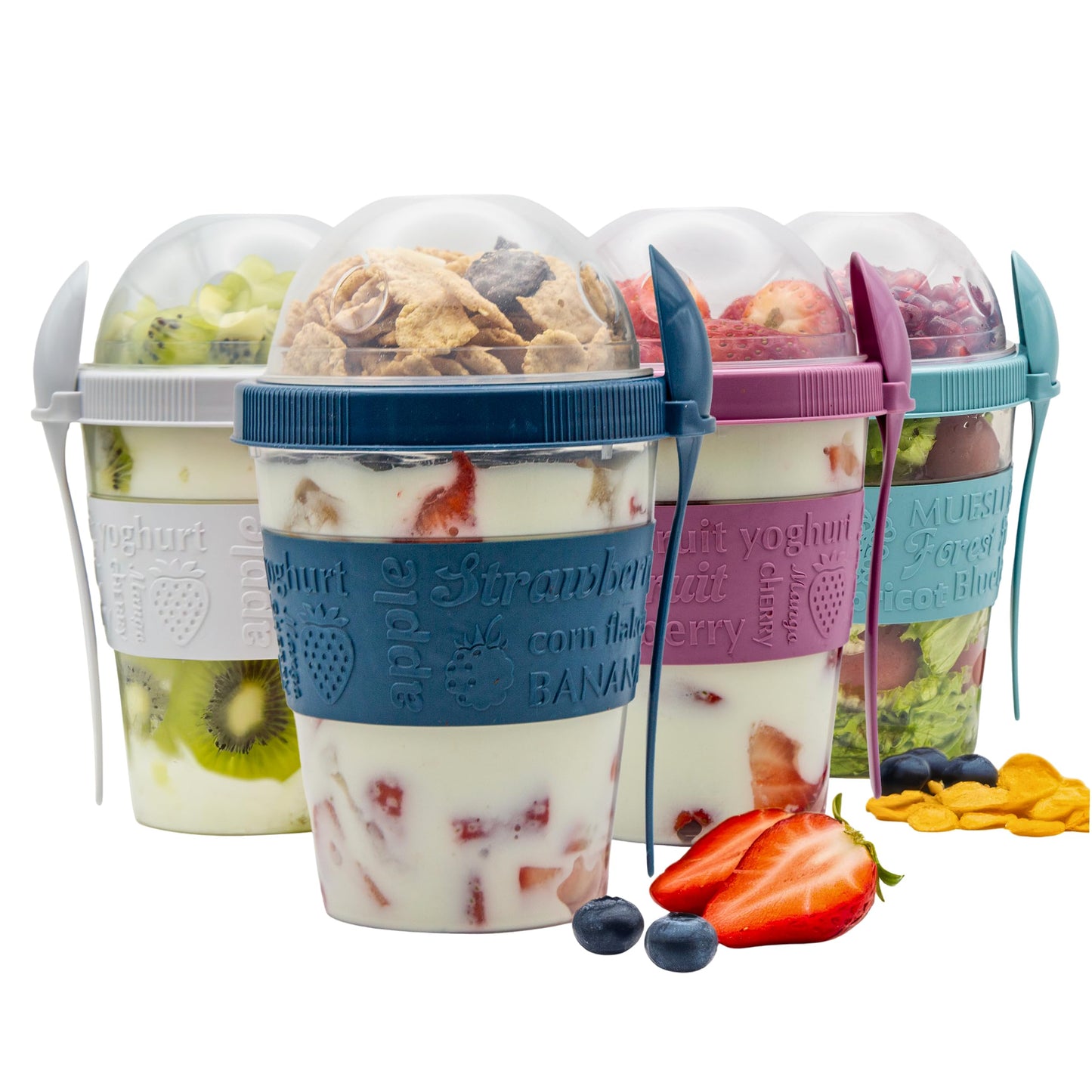 SECEL 4 Pcs Yogurt Parfait Cups Breakfast On The Go Reusable Plastic Containers With Lids And Spoons Take And Go Yogurt Cup With Topping Cereal Or Oatmeal Leak-proof Colorful Bowls