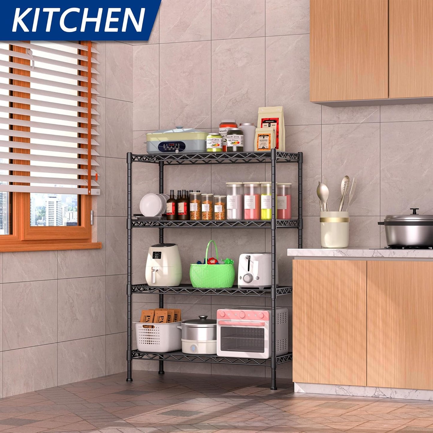 Regine Switzerland 4-Shelf Heavy Duty Storage Shelving Unit - Adjustable Metal Organizer Rack for Laundry, Bathroom & Kitchen | Black