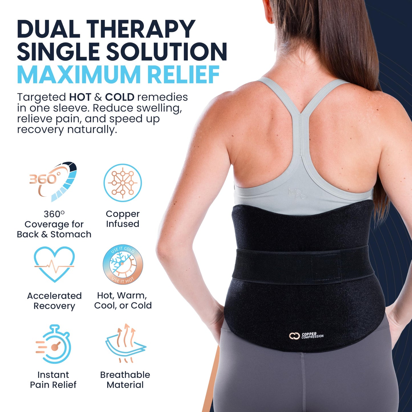 Copper Compression CopperFreeze™ Back & Stomach Wrap Hot & Cold Therapy Support for Pain, Muscle Soreness, Cramps, and Injury Recovery – 360° Copper Infused Relief for Lumbar, Lower Back, and Abdomen