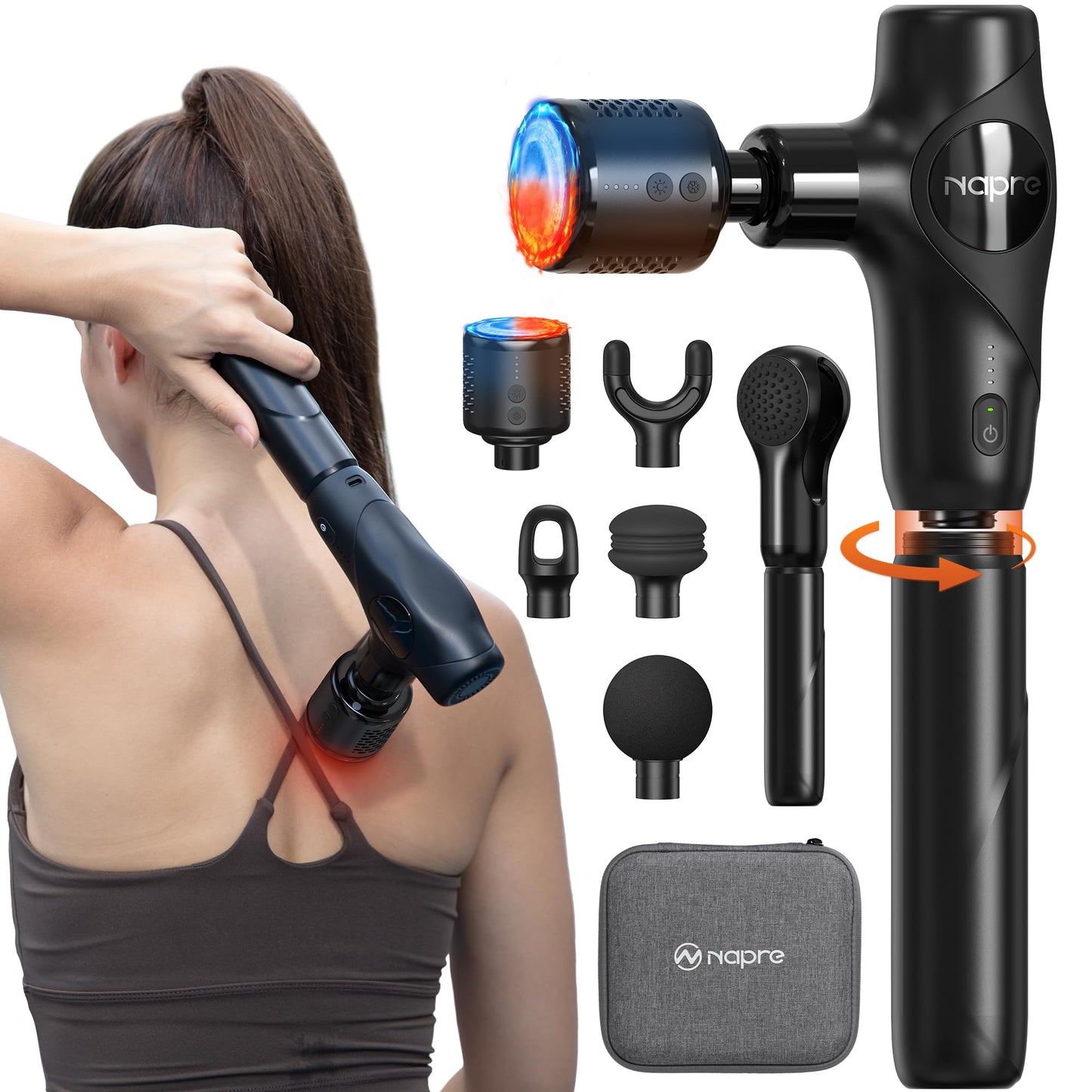 NAPRE 3-in-1 Mini Massage Gun with Heat and Cold,Deep Tissue Back Massage with Detachable Handle for Neck/Body Pain Relief,Portable Handheld Percussion Muscle Massager,Small & Quiet,5 Heads,with Case