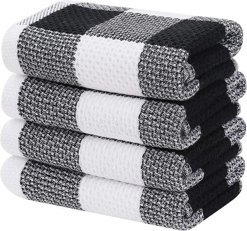 Homaxy Kitchen Towels - 100% Cotton Waffle Weave, Super Soft & Absorbent | 4-Pack, 13 x 28 Inches, White & Black