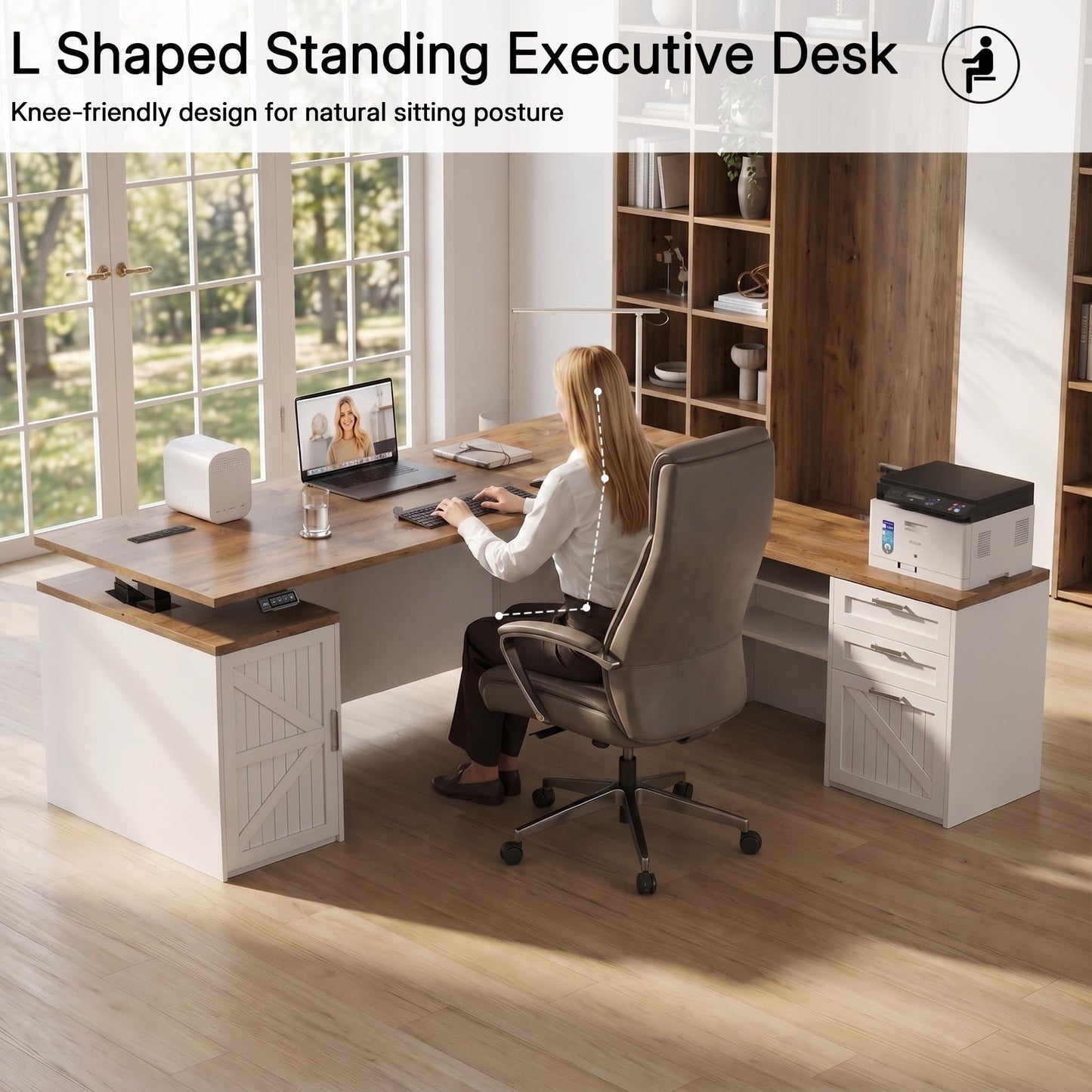 ZIMASYA 71" L Shaped Executive Desk with File Cabinet Drawers Outlet USB,Height Adjustable Office Desk Privacy Panel Sit-Stand Workstation for Boss Managers Home Farmhouse, Walnut & White