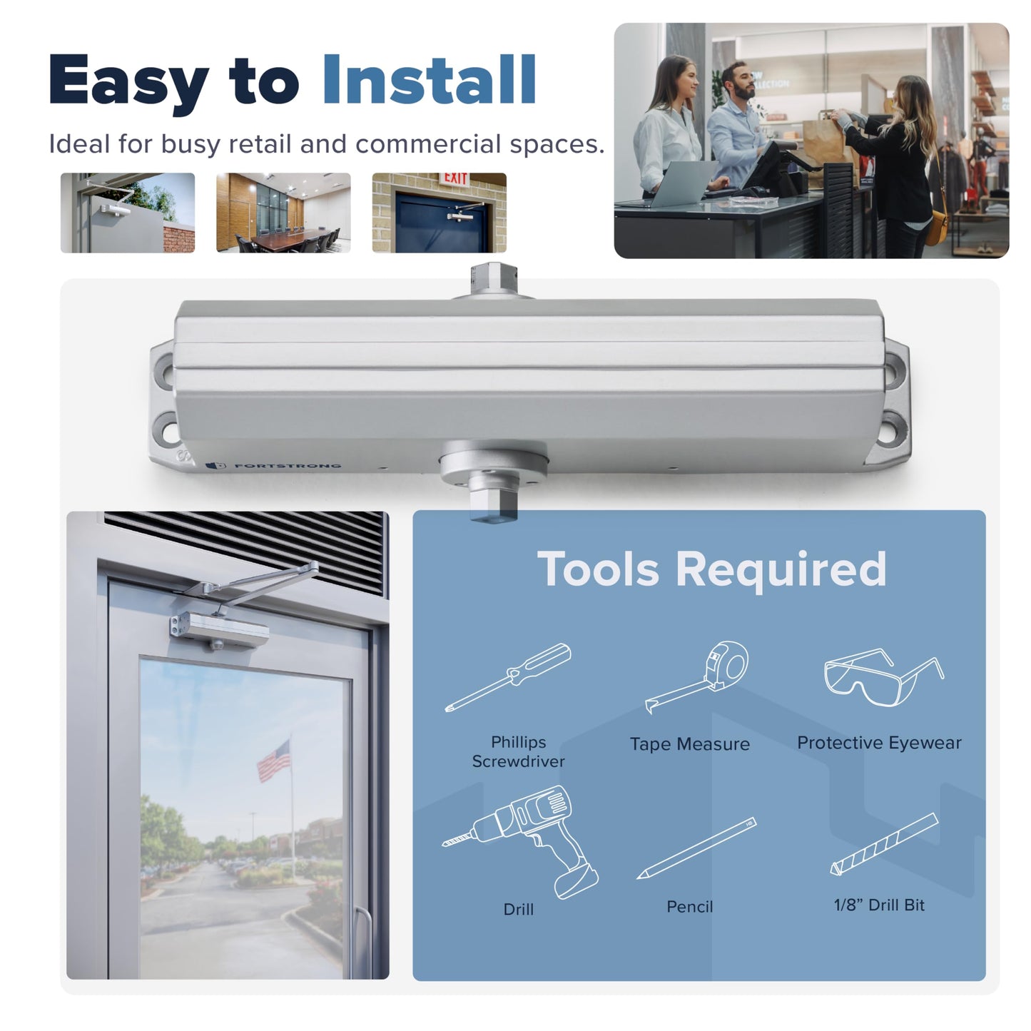 Commercial Door Closer – Heavy Duty Grade 1 Automatic Door Closer for Commercial Use - Auto Hydraulic Spring Hinge - FS-7600 UL & ADA ANSI A156.4 Door Closers Spring Closure Arm Self Closing