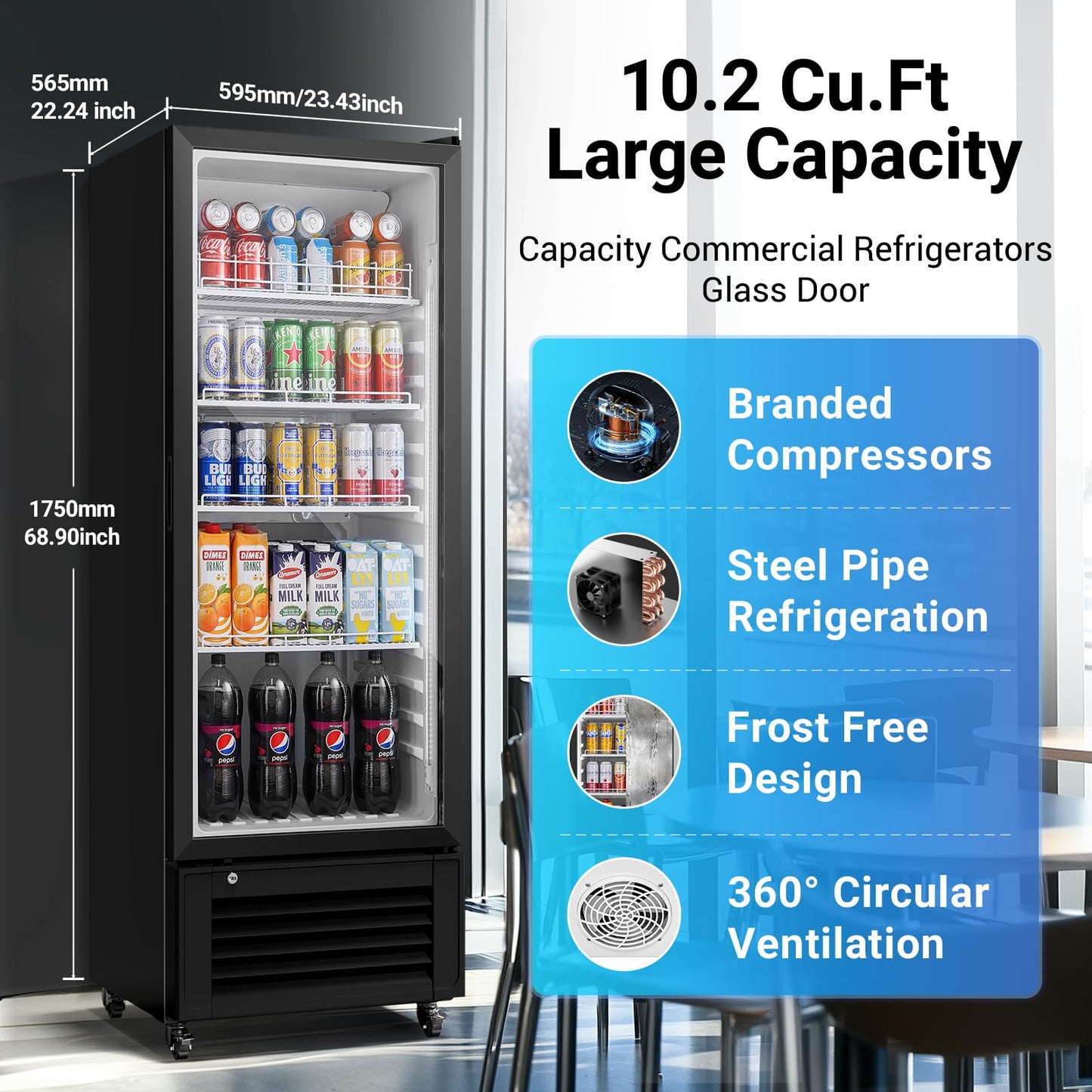 BODEGACOOLER Commercial Beverage Refrigerator, 264 cans & 120 Bottles Display Fridge, Soft LED Light & Automatic Defrost, Commercial Merchandiser Refrigerators,For Office,Home,Garage,Gym,Shop,Man cave