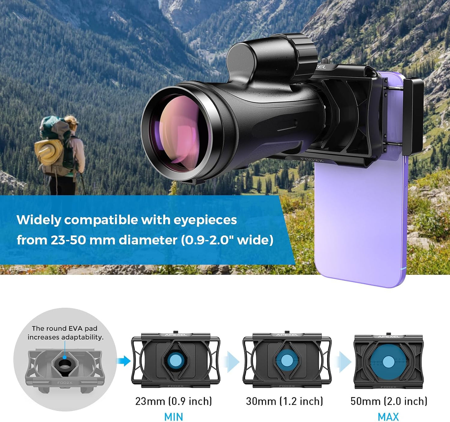 APEXEL 360 Telescope Phone Adapter, Upgraded Binocular Photo Adapter for Android & iPhone, Smartphone Mount
