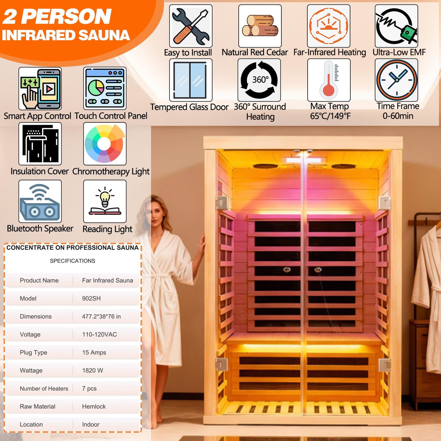 Smart Infrared Sauna 2 Person, 0-5mg Low Emf Far Infrared Sauna for Home, 1780w Indoor Sauna Room with APP & LCD Panel Control , Chromatherapy Light, Bluetooth Speaker, Insulation Cover, Reading Light