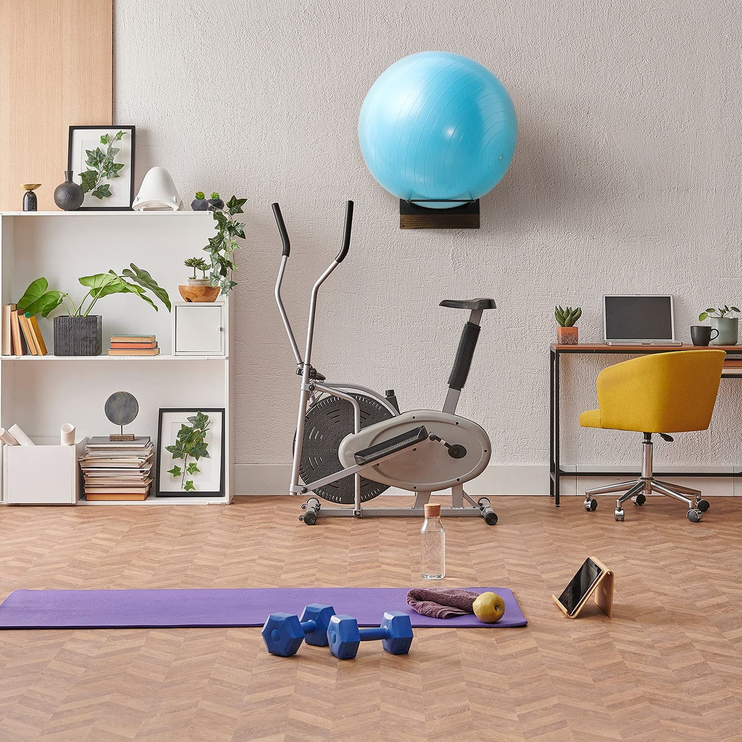 MyGift Wall Mounted Single Large Stability Ball Holder, Burnt Solid Wood and Black Metal Storage Rack for Gym Sport or Yoga Studio Exercise Balls - 16 x 9 Inch Ball Display Ring