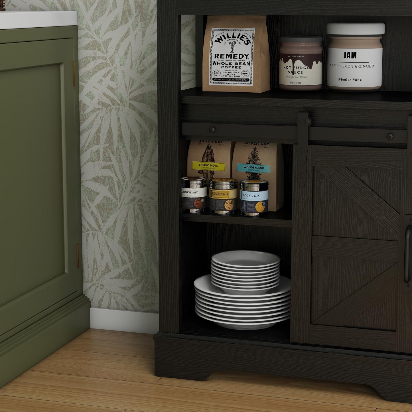 Panana Farmhouse Bathroom Floor Cabinet, Sliding Barn 3 Drawers & 1 Door Freestanding Small Storage Cabinet for Bathroom, Kitchen (Black)
