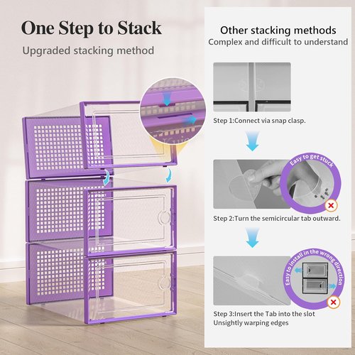 Kuject X-Large Shoe Storage Boxes - Clear Plastic Stackable 12-Pack | Sneaker & Toy Organizer Bins in Purple