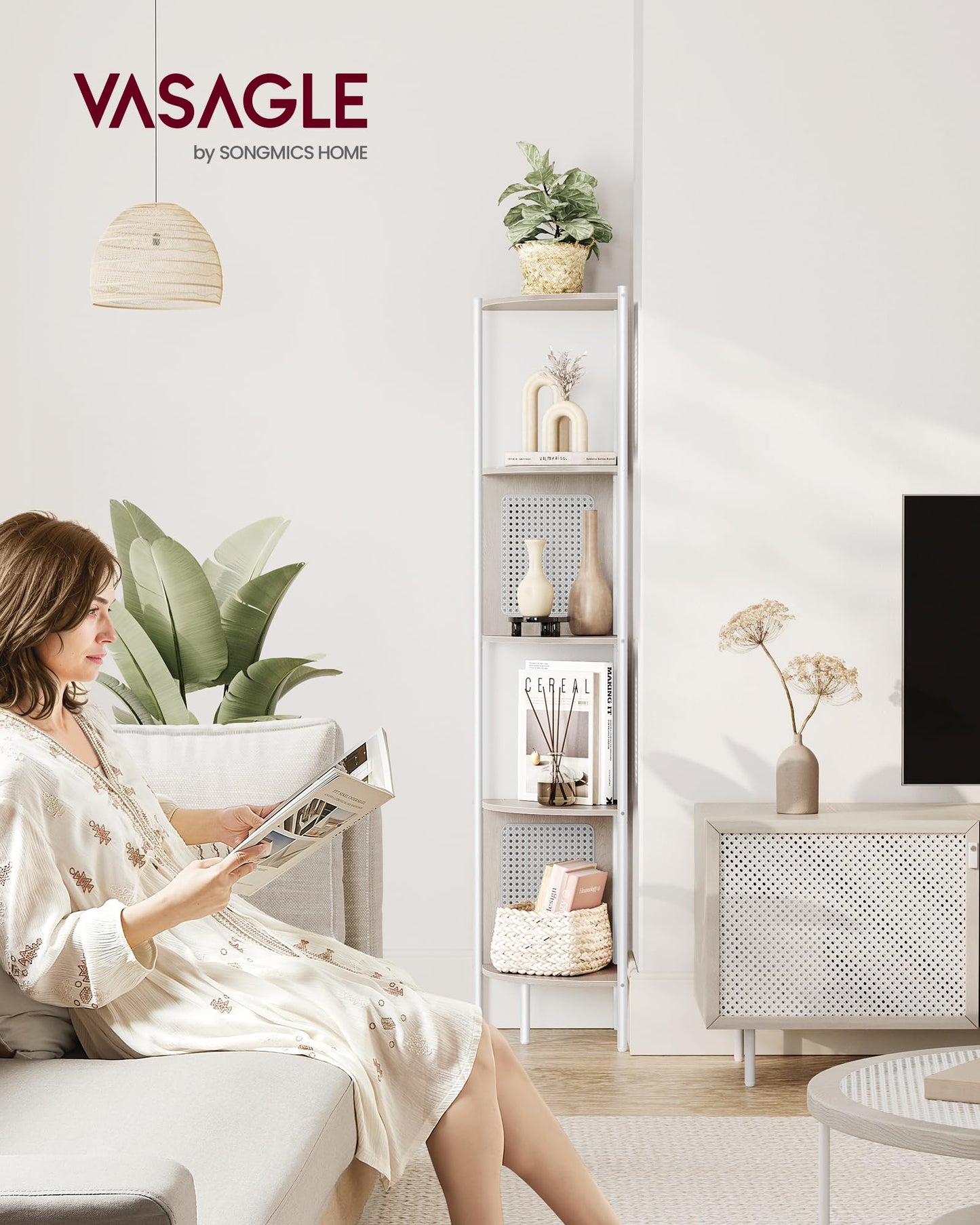 VASAGLE 5-Tier Corner Shelf Stand, Boho Corner Bookshelf with Polyrattan Sides, Plant Stand for Living Room Bedroom Study Kitchen, Oatmeal Beige ULLS588K66