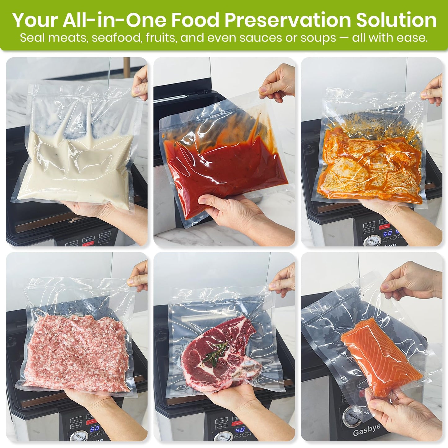 Gasbye Chamber Vacuum Sealer – 5.3QT Large Chamber, Replaceable 11.5" Sealing Bar with Double Seal, Perfect for Meats, Soups, Sauces & Liquids, Includes 30 Pre-Cut Vacuum Bags, Stainless Steel