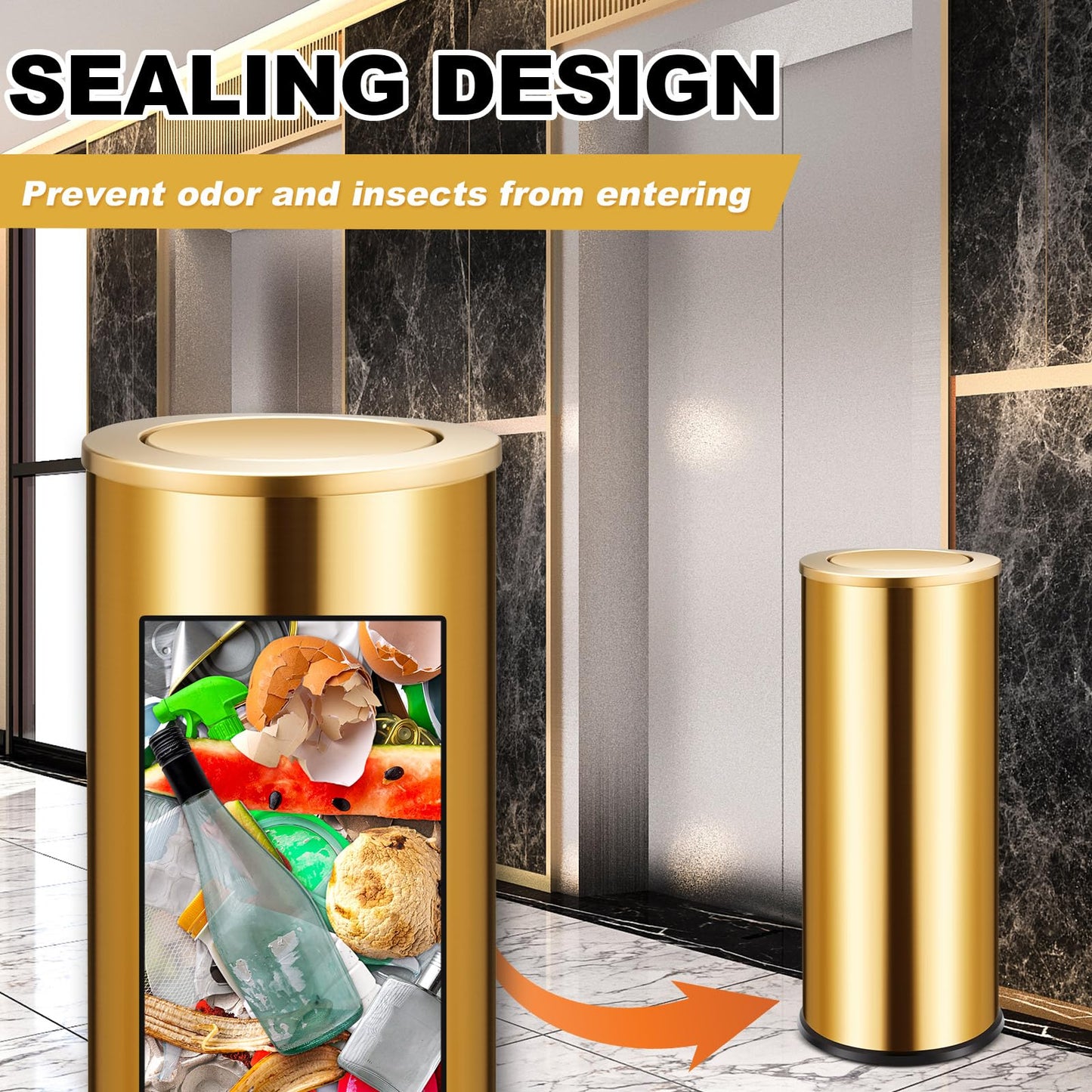 Reallnaive 2 Set 30L/8GAL Gold Lidded Trash Can with 200 Garbage Bags Metallic Gold Brass Kitchen Garbage Bin with Flip Lid Commercial Compact Waste Basket for Shopping Centers, Elevator Doors, Hotels