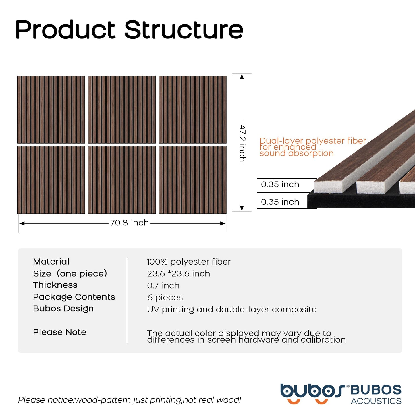 BUBOS Large Acoustic Wall Panels, 6-Pack 24" x 24" x 0.7" Faux Wood Slat Sound Absorbing Panels, High-Density Soundproof Wall Decor for Recording Studio, Home Theater & Gaming Room，SF Black Walnut