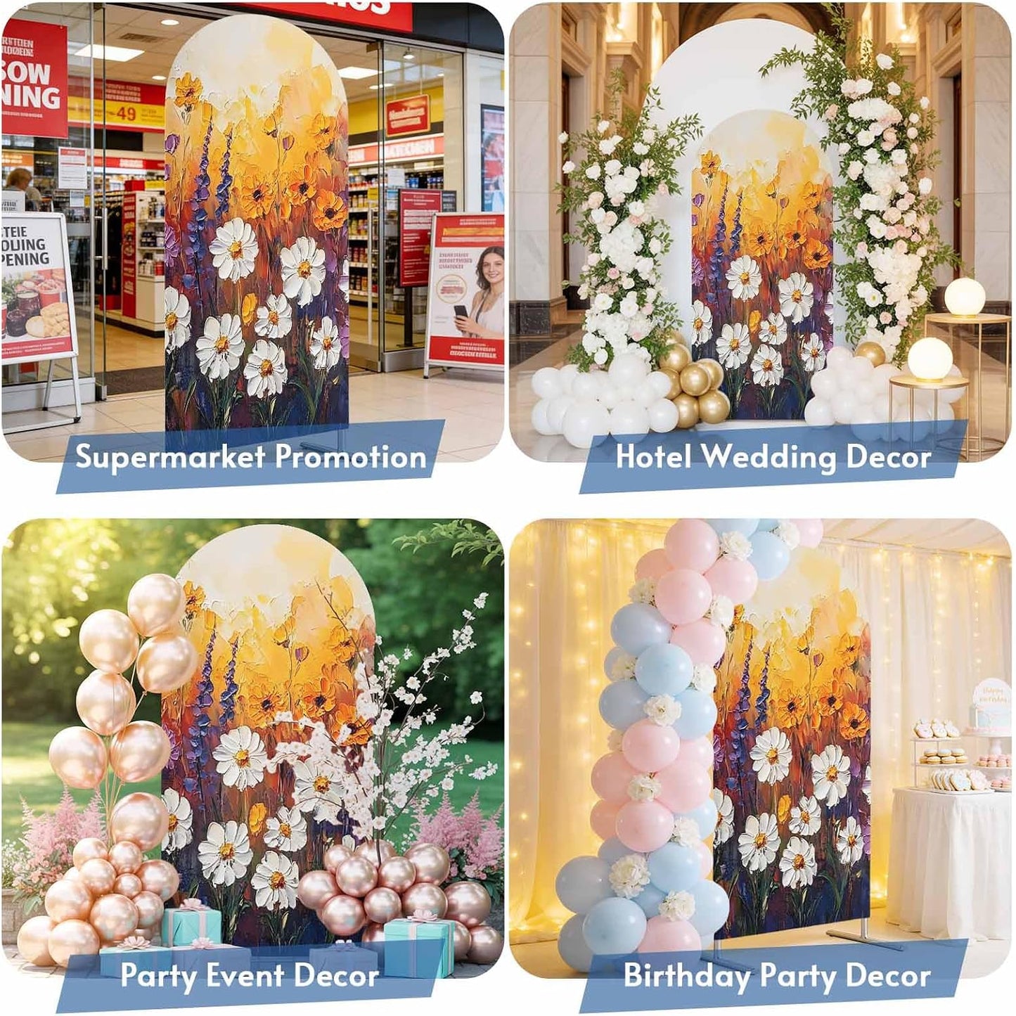 Jnbasdffb 6.6 Orange Purple White Daisy Wedding Arch Cover,Stretchy Spandex Arch Backdrop Stand Covers FT,Oil Painting