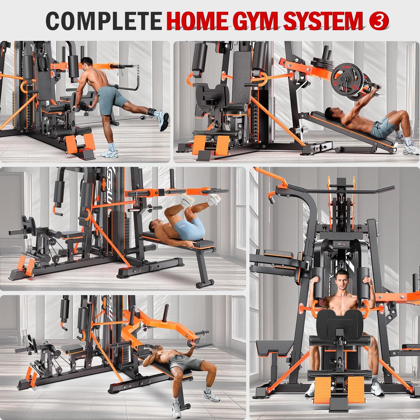 XGSW Multi-Function Home Gym Workout Station, Featuring a Pulley System, arm Trainer, and Leg Trainer for Full-Body Workouts. (L03-3【154LBS】 Three-Person Fitness Station Only)