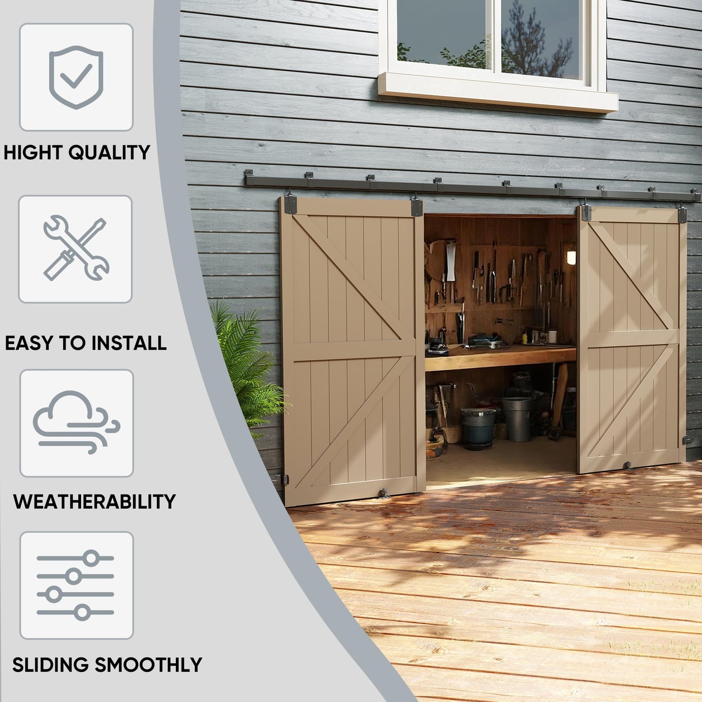 JUBEST 16FT Box Rail Exterior Barn Door Hardware Kit, Heavy Duty Sliding Door Track Kit Wall Mount Door Hardware Kit for Two Doors System(Doors Not Included), Black