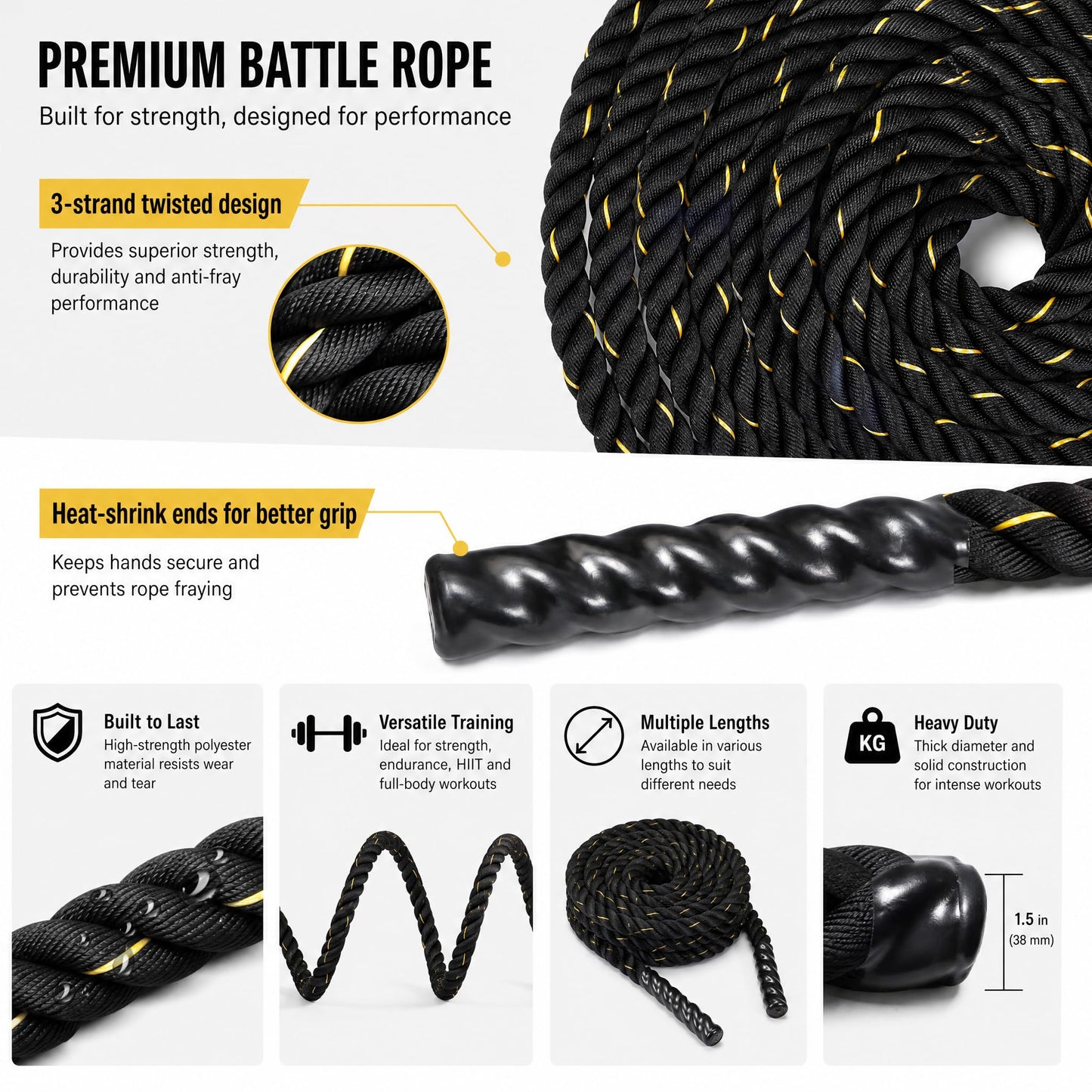 Fitvids Battle Rope 1.5Inch 2 Inch Diameter Poly Dacron 30 FT – 40 FT – 1.5-Inch, 30FT – Black